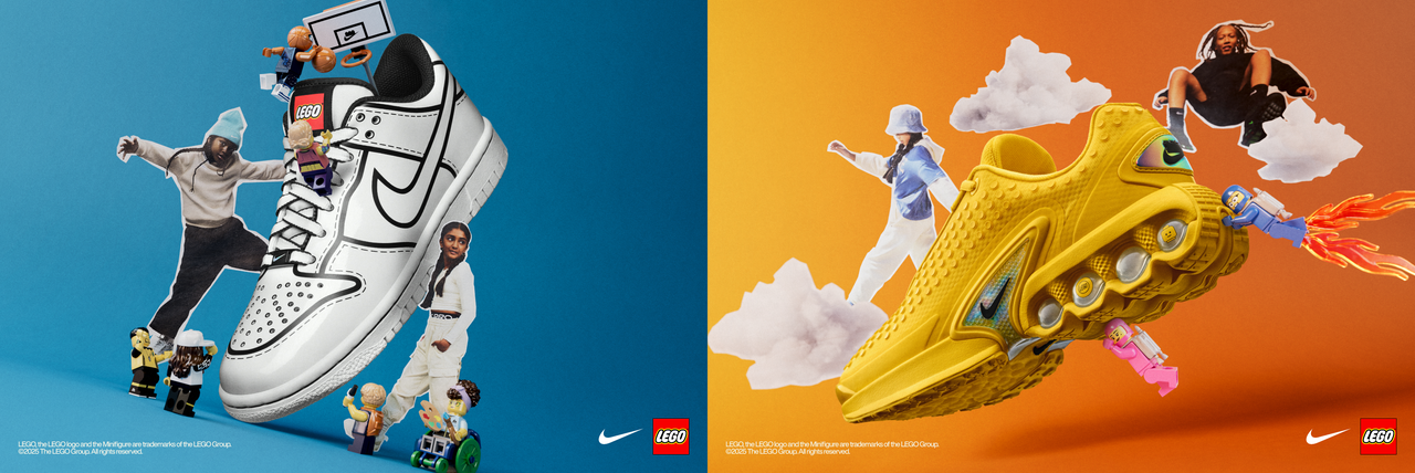 LEGO x Nike collaboration showcasing the 2025 Dunk Low and Air Max Dn sneakers surrounded by playful LEGO minifigures and themed cut-outs