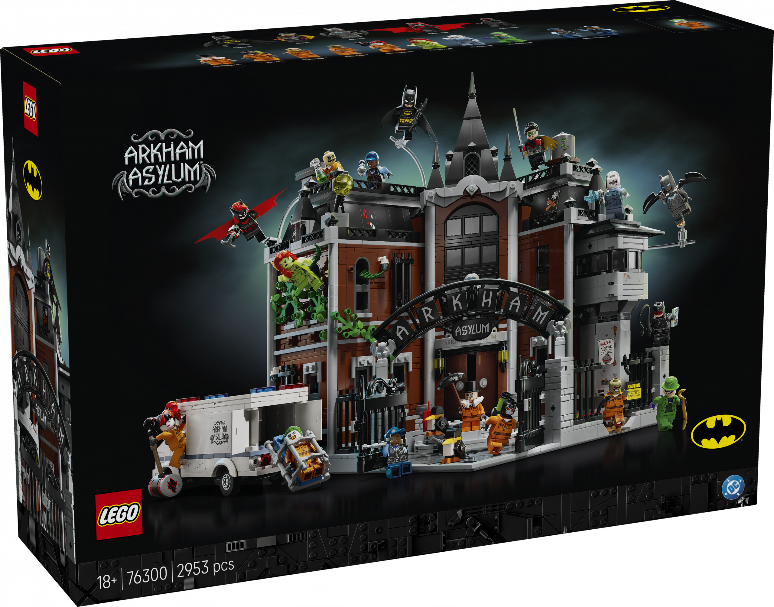 Front of LEGO Batman Arkham Asylum set box showing full model, minifigures, and van in dark Gotham-style packaging