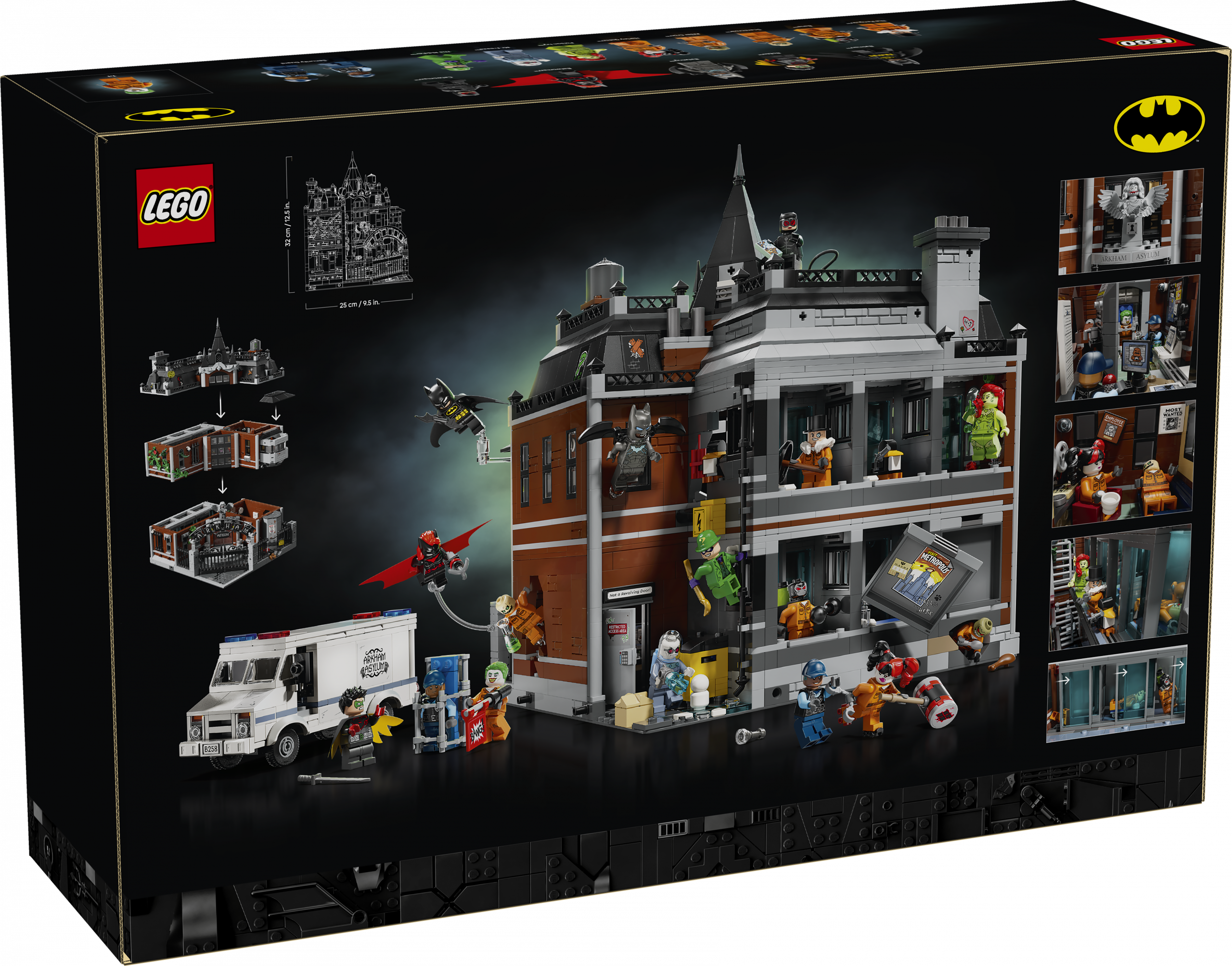 Back of LEGO Arkham Asylum set box showing model features, internal rooms, build breakdown, and minifigure action shots