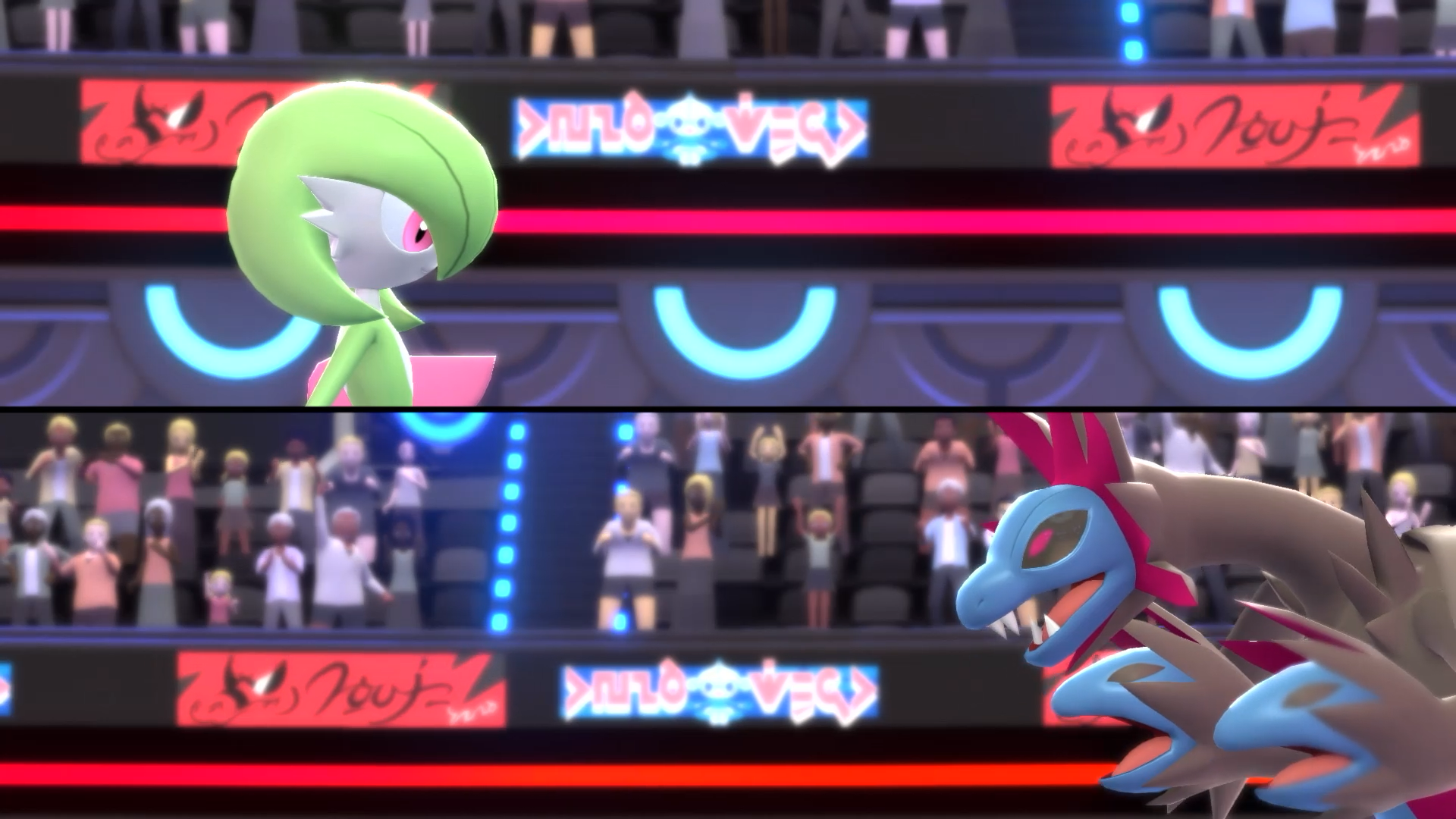 Close-up split screen of Gardevoir and Hydreigon locked in a battle stare-down during an intense match in Pokémon Champions, set inside a packed tournament stadium.