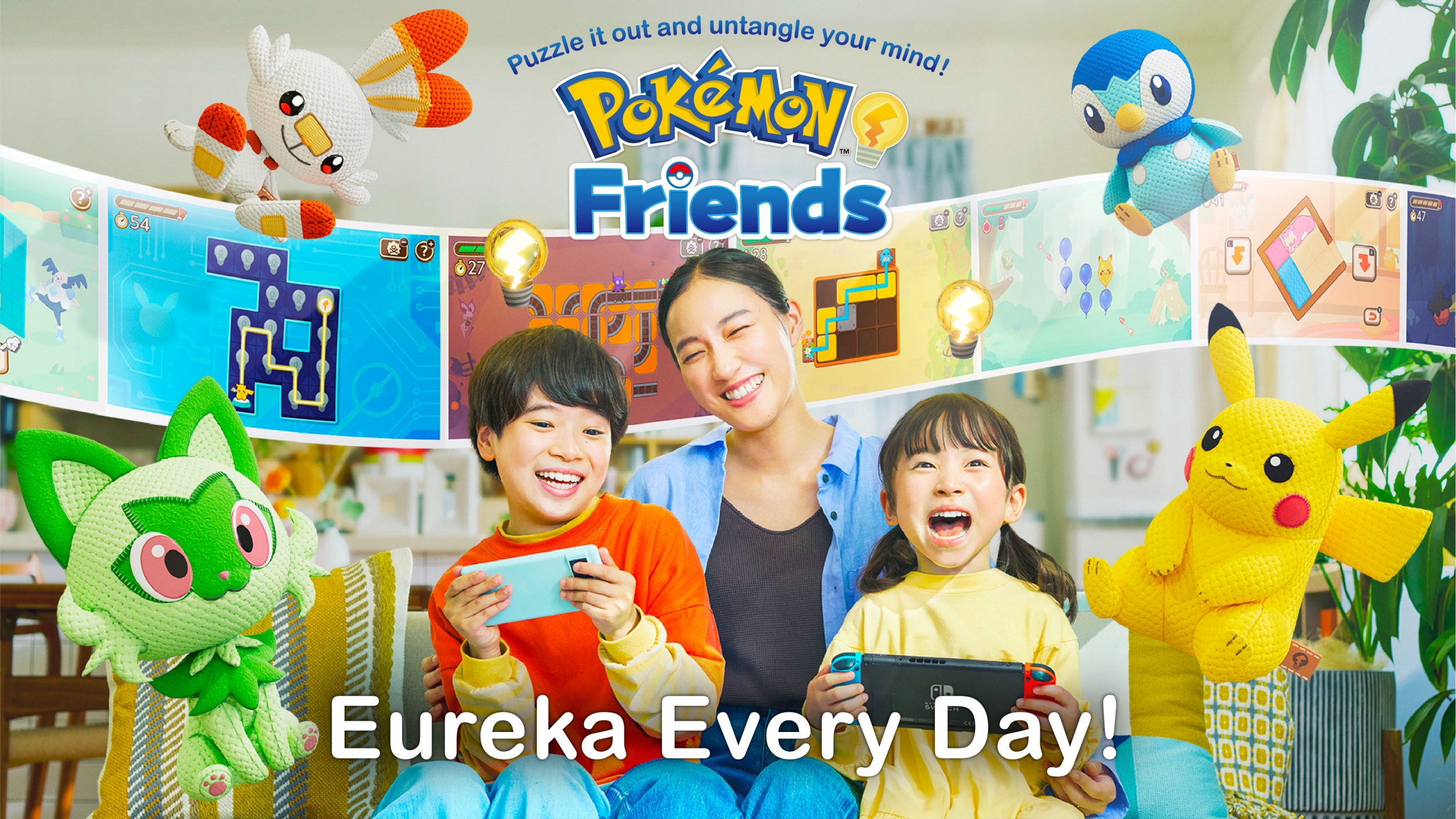 Children play puzzle games on Nintendo Switch with crocheted Pokémon plushies like Pikachu, Sprigatito, Scorbunny, and Piplup, promoting the joyful and educational vibe of Pokémon Friends.