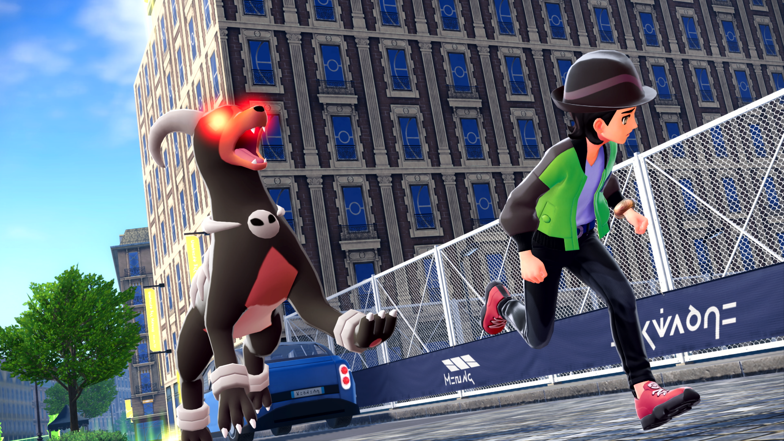 Trainer runs through Lumiose City pursued by a glowing-eyed Houndoom in Pokémon Legends: Z-A, highlighting the return of rogue Mega Evolutions.