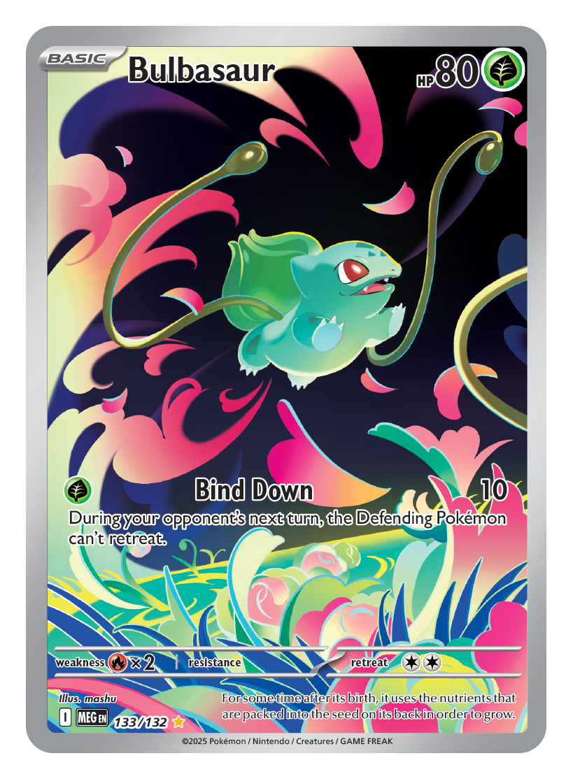 Colorful full-art Bulbasaur card with swirling abstract leaves and a playful pose, featuring the move Bind Down.