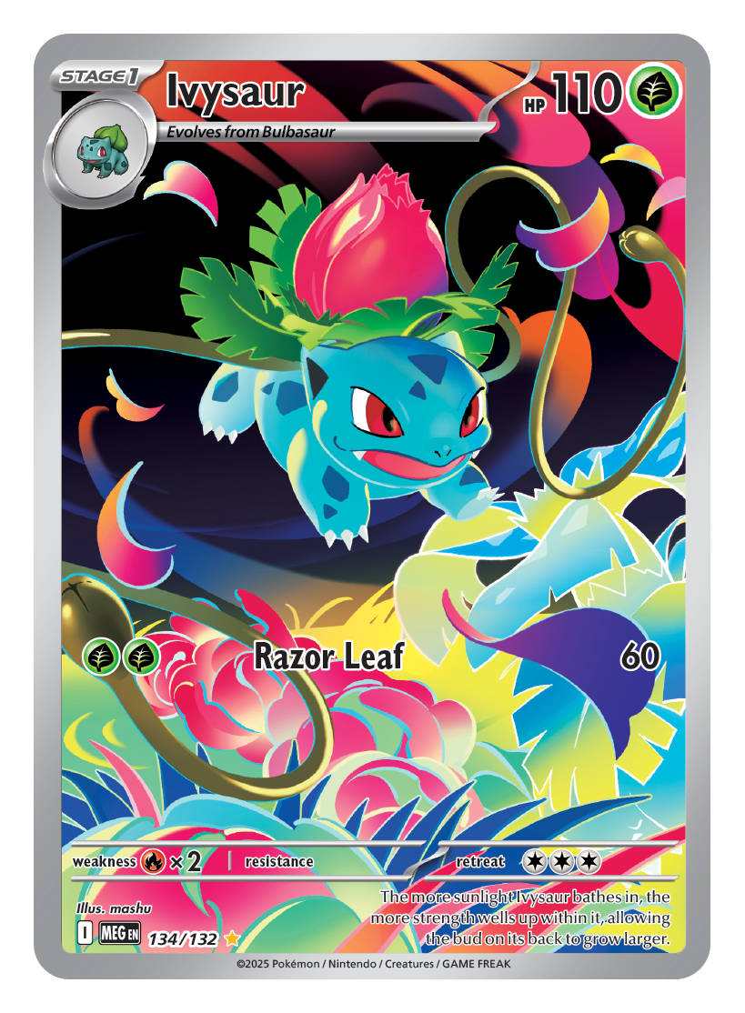 Ivysaur charges forward through vibrant foliage in this full-art card, using Razor Leaf in a jungle-like setting.