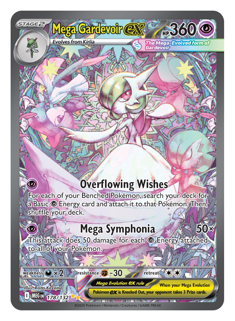 Mega Gardevoir EX illustrated in pastel tones, featuring Overflowing Wishes and Mega Symphonia attacks with swirling background elements.