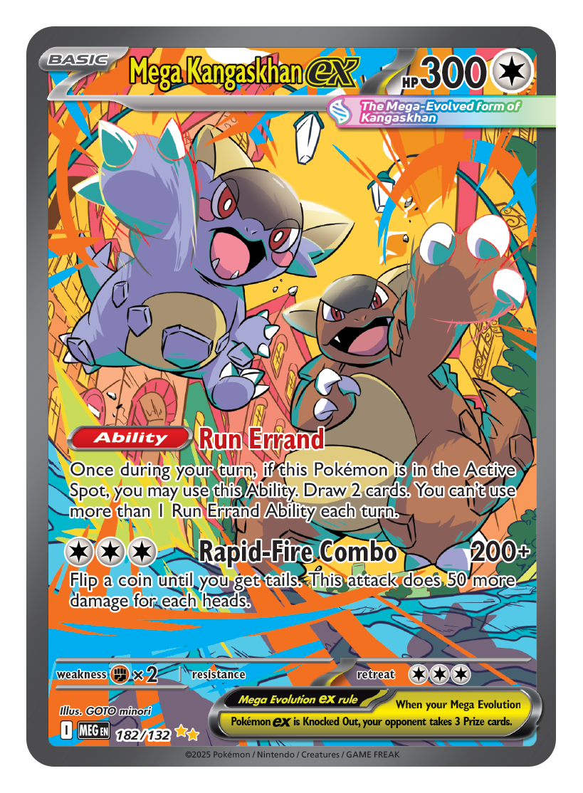 Mega Kangaskhan EX with child on its back, surrounded by colorful confetti and gems, featuring Run Errand and Rapid-Fire Combo.