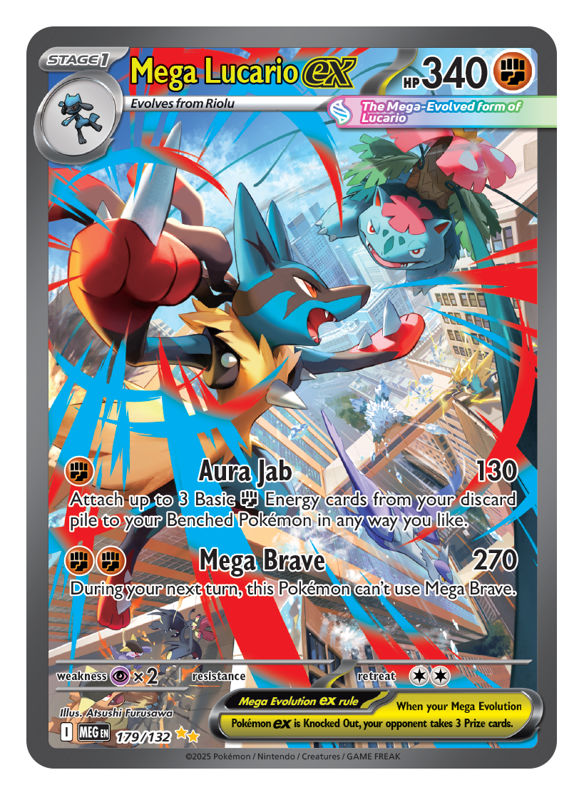 Dynamic card art showing Mega Lucario mid-punch with Aura Jab and Mega Brave attacks, set against a stylized cityscape.