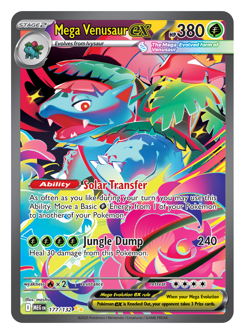 Mega Venusaur EX in a vivid jungle scene with large blossoms, featuring Solar Transfer ability and Jungle Dump attack.