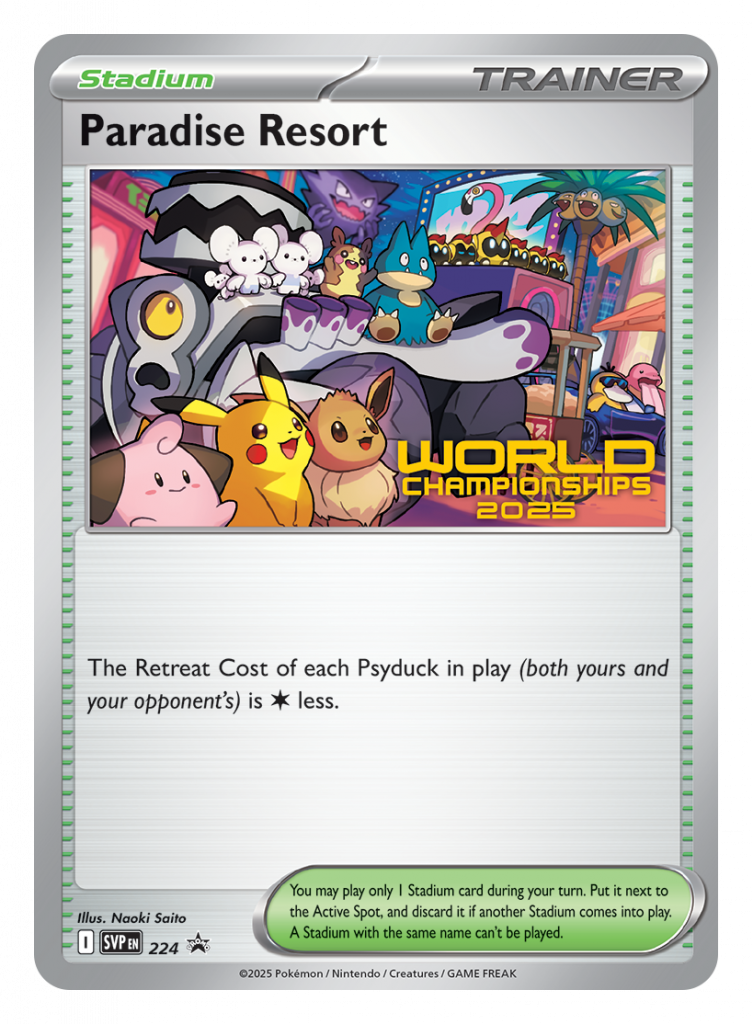 Paradise Resort Stadium Trainer card from the 2025 Pokémon World Championships featuring Pikachu, Eevee, Munchlax, and more in a tropical resort setting with festive artwork.