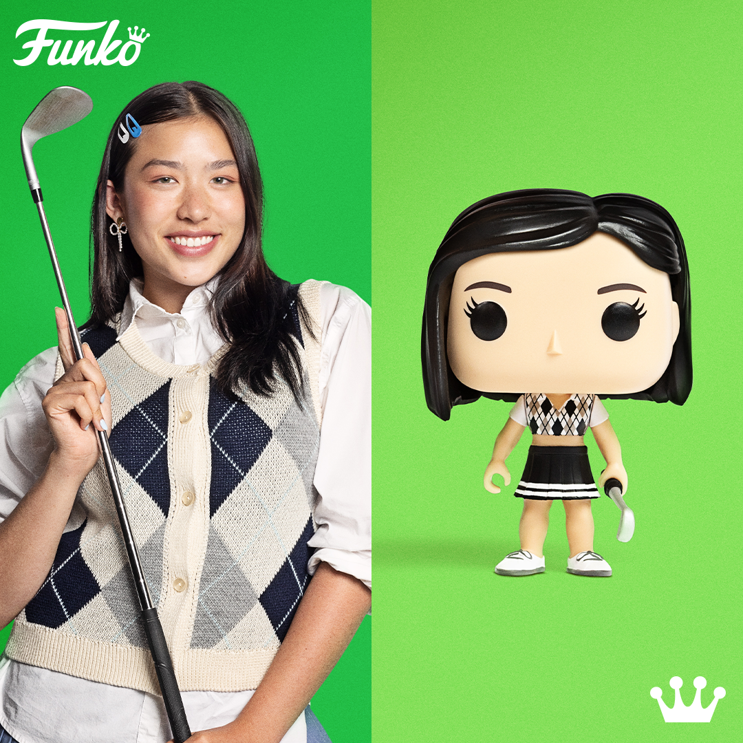 Woman with golf club next to her matching custom Funko Pop! Yourself figure on green background