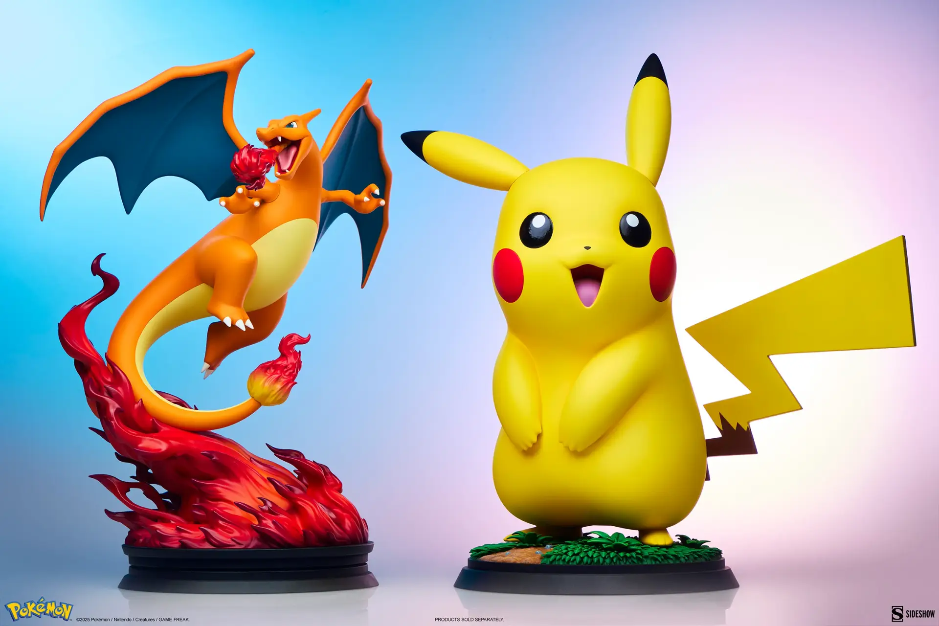 Life-size Pikachu and Charizard statues by Sideshow Collectibles, standing on display bases with dynamic fire and grass effects