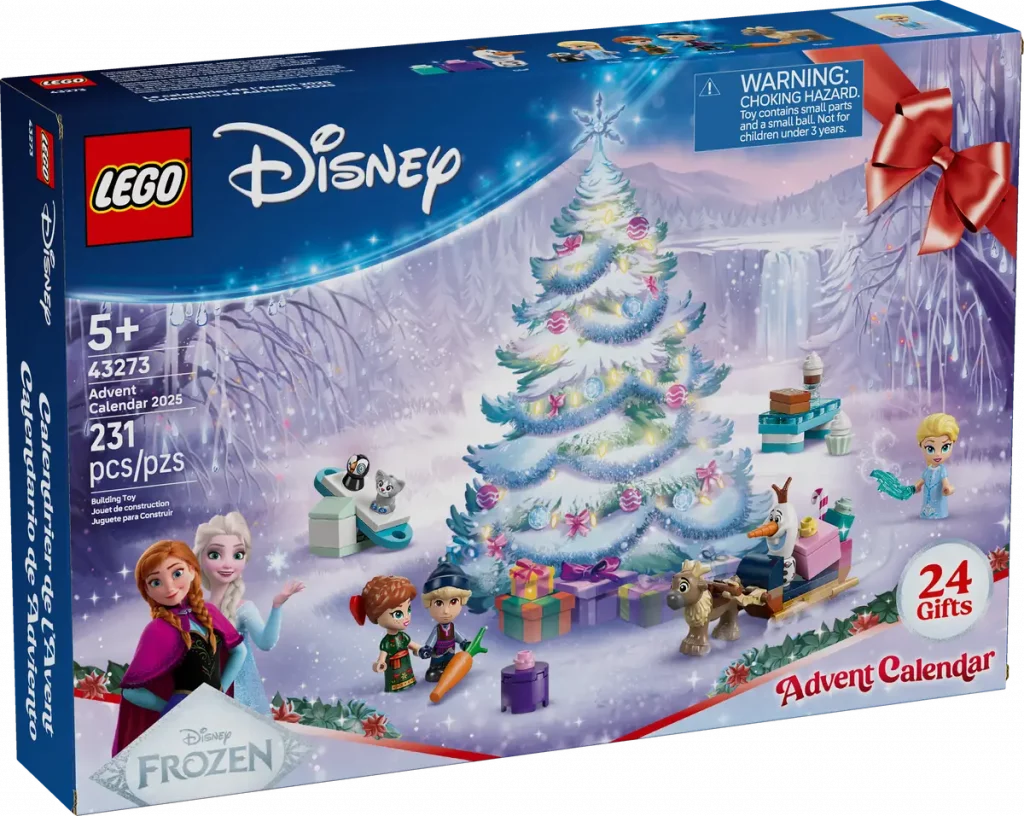 Disney Frozen LEGO 2025 Advent Calendars box featuring Anna, Elsa, Olaf, Sven, and a decorated Christmas tree.