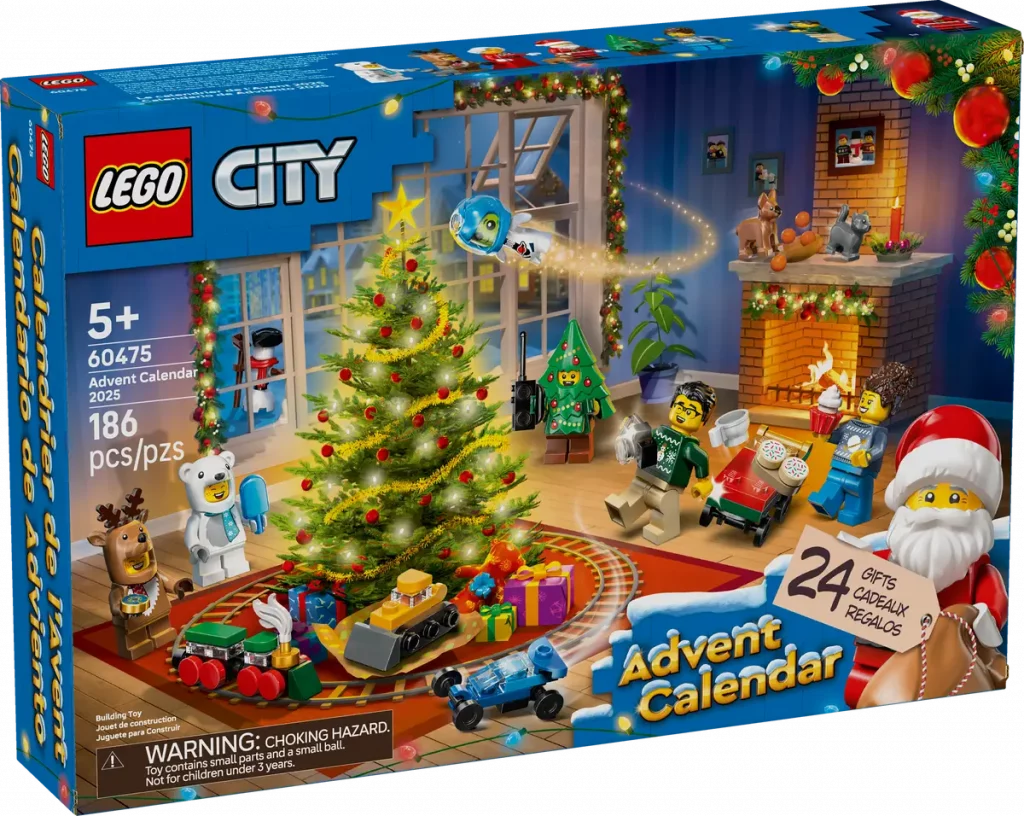 LEGO City Advent Calendar 2025 box showing minifigures in holiday costumes and a decorated Christmas tree.