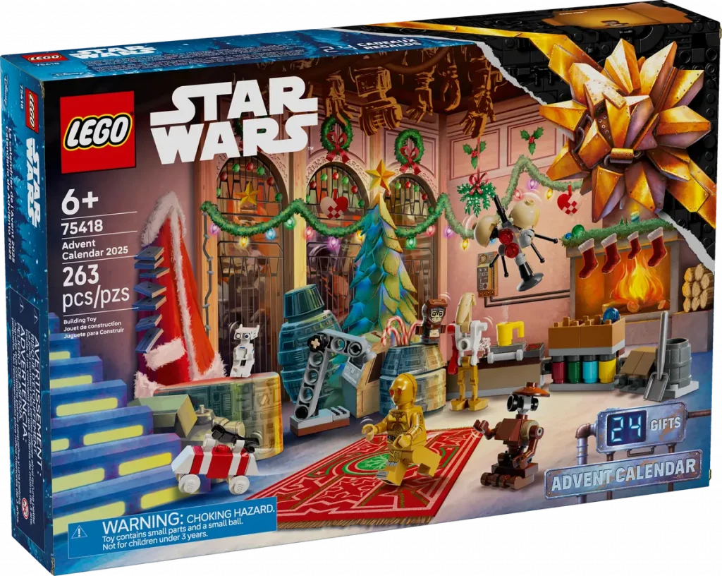 Star Wars LEGO 2025 Advent Calendars box showing droid workshop, festive decorations, and Star Wars characters.