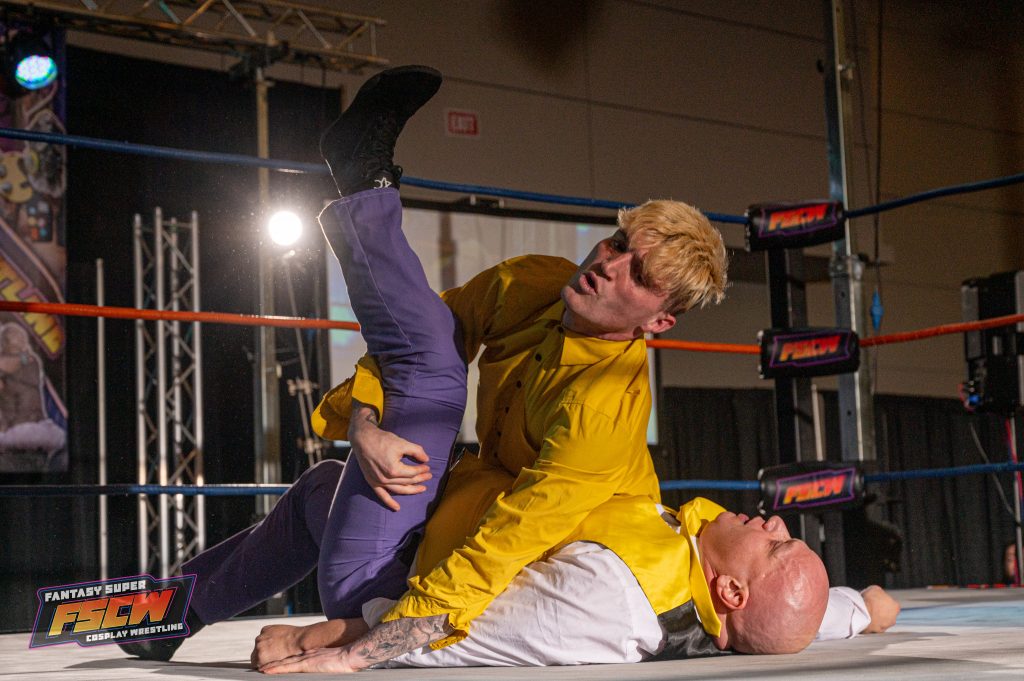 Two performers in costume battle it out in a cosplay wrestling match at Animate! Orlando hosted by FSCW