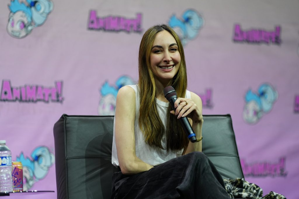 Sarah Natochenny speaking at Animate! Orlando panel